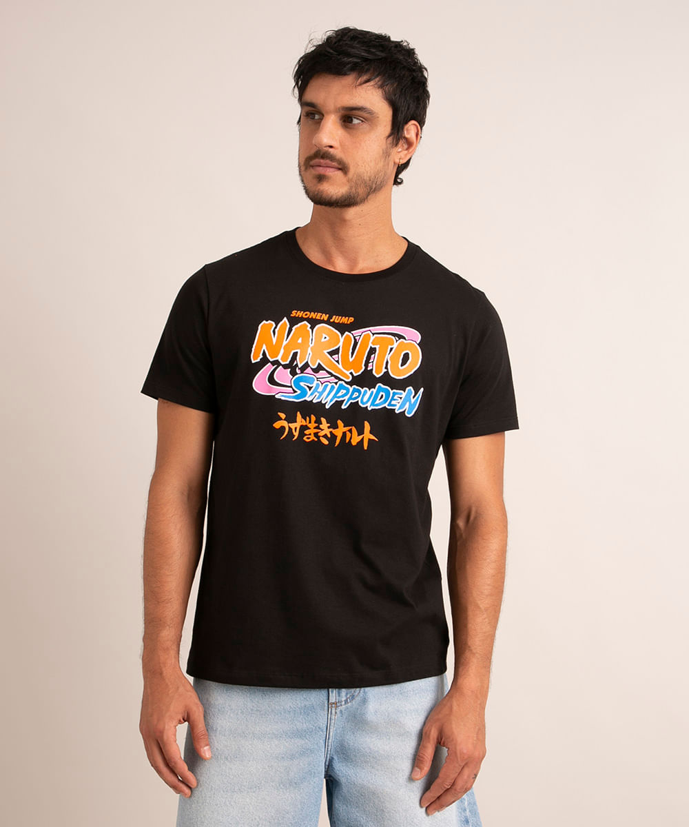 camiseta de algodão naruto shippuden manga curta gola careca preta