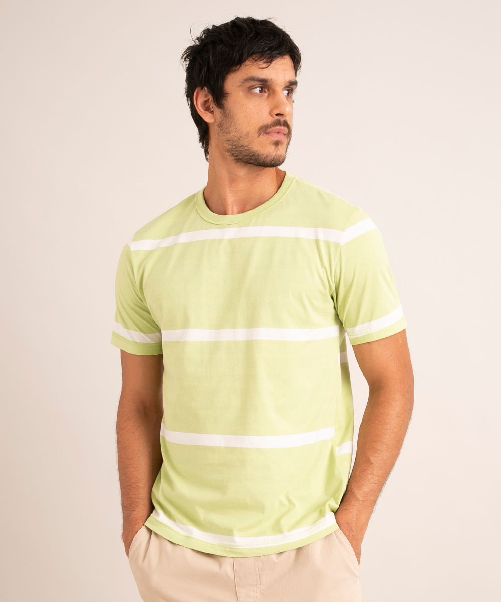 camiseta de algodão estampada listrado manga curta gola careca verde claro
