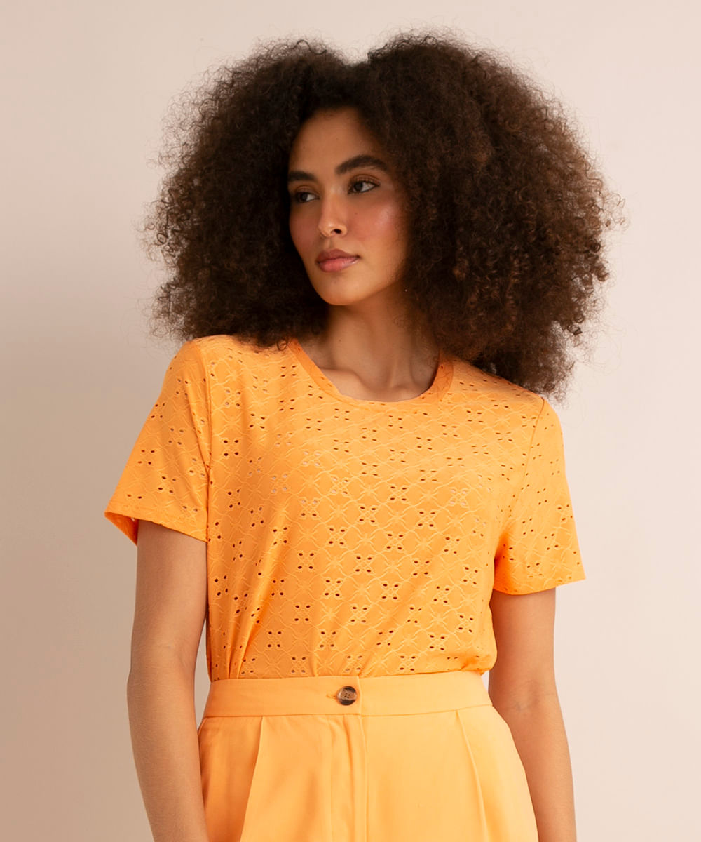 Blusa Feminina em Laise Manga Curta laranja