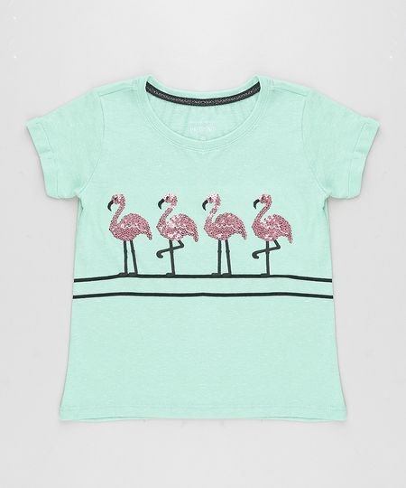 Blusa-Infantil-Flamingo-com-Paetes-Manga-Curta-Decote-Redondo-Verde-9245411-Verde_1