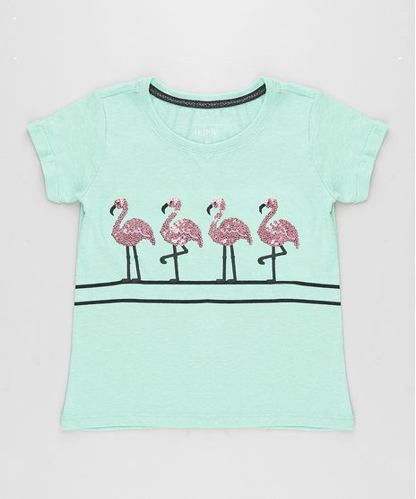 Blusa-Infantil-Flamingo-com-Paetes-Manga-Curta-Decote-Redondo-Verde-9245411-Verde_1