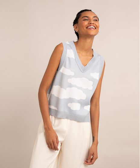 Colete-de-Trico-Estampado-de-Nuvens-Decote-V-Azul-Claro-9995284-Azul_Claro_1