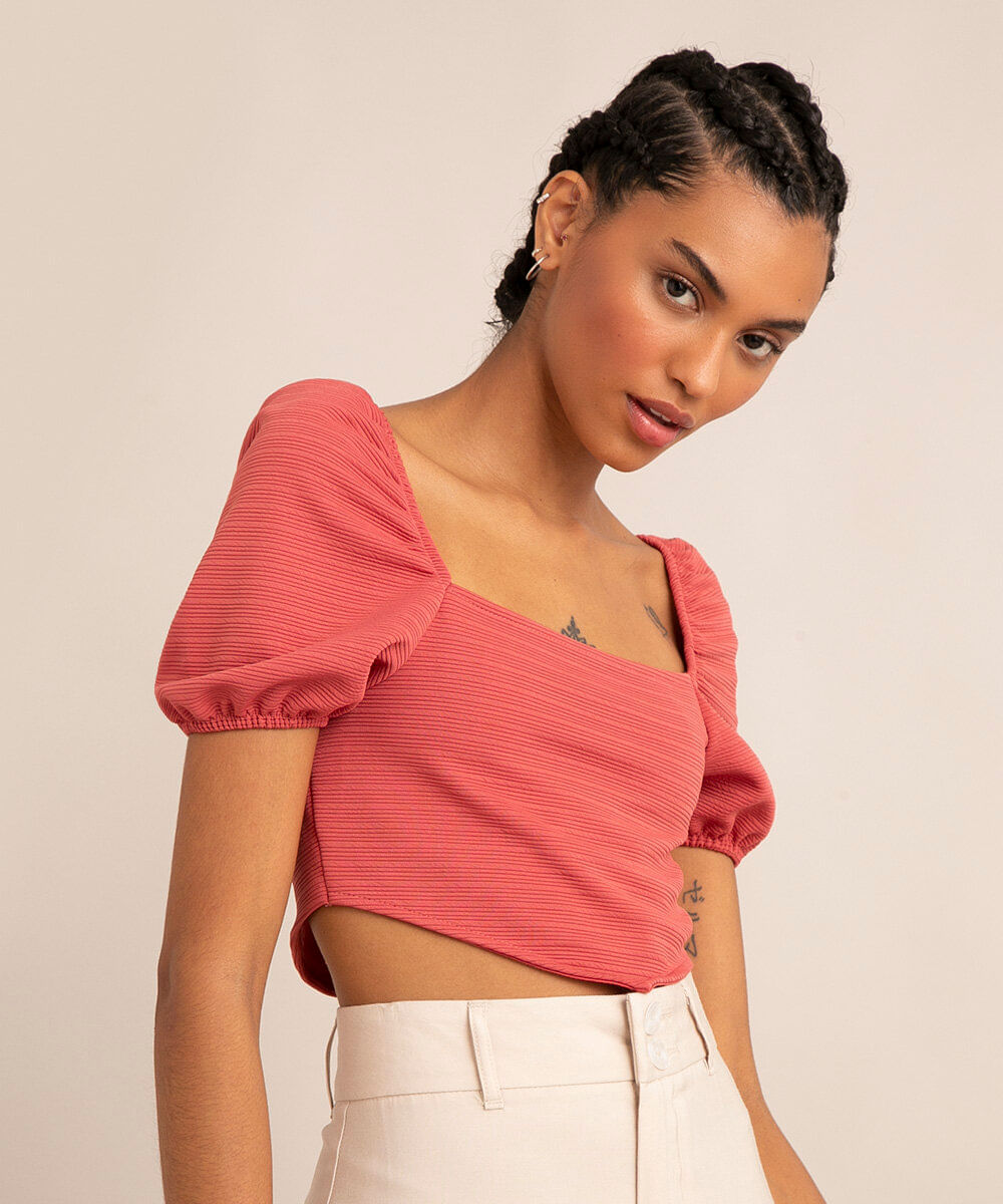 Blusa Cropped Corset com Manga Bufante Rosa