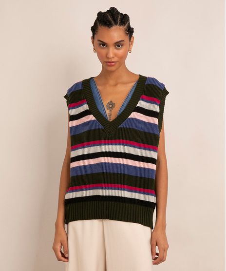 Colete-Oversized-de-Trico-Listrado-Decote-V-Multicor-9992920-Multicor_1