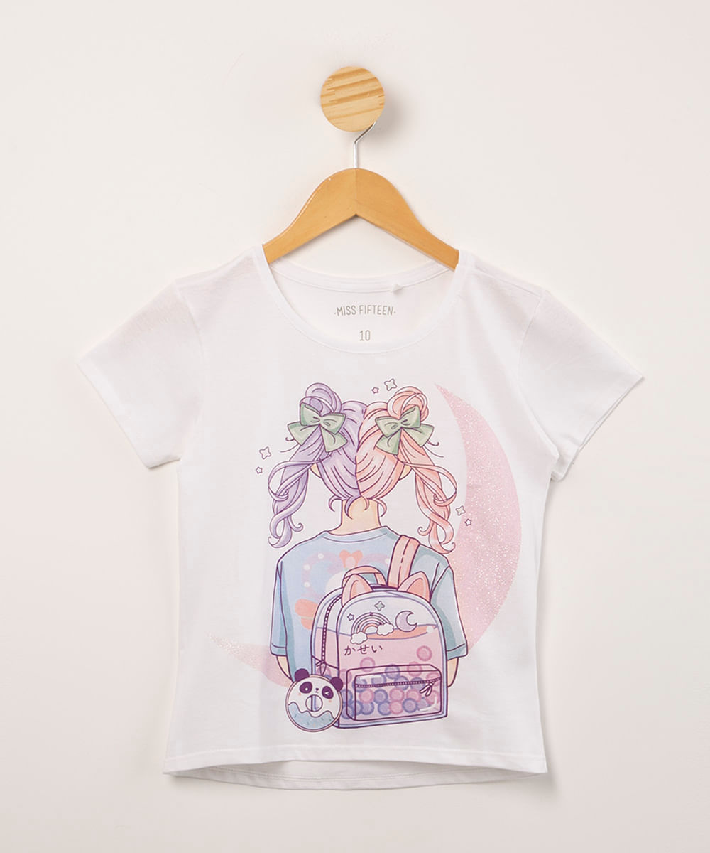 blusa juvenil de algodão menina com glitter manga curta off white