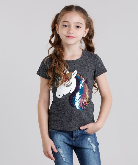 Blusa-Infantil-Unicornio-com-Paete-Dupla-Face-Manga-Curta-Decote-Redondo-Cinza-Mescla-Escuro-9131094-Cinza_Mescla_Escuro_1