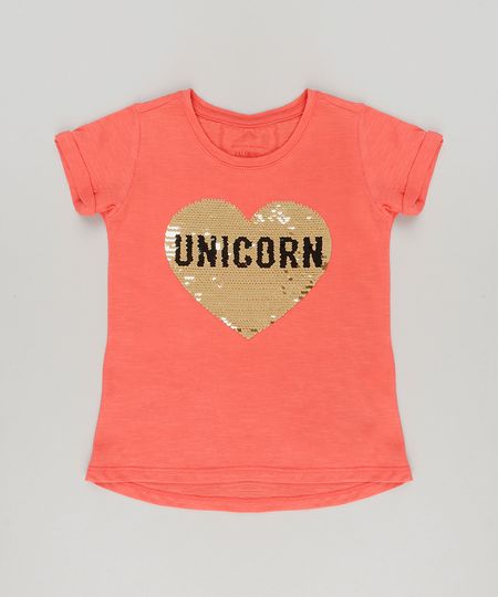 Blusa-Infantil--Unicornio--com-Paete-Dupla-Face-Manga-Curta-Decote-Redondo-em-Algodao---Sustentavel-Coral-9175398-Coral_1