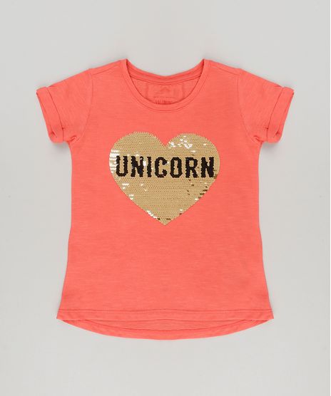 Blusa-Infantil--Unicornio--com-Paete-Dupla-Face-Manga-Curta-Decote-Redondo-em-Algodao---Sustentavel-Coral-9175398-Coral_1