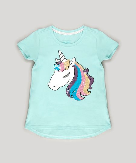 Blusa-Infantil-Unicornio-com-Paete-Dupla-Face-Manga-Curta-Decote-Redondo-em-Algodao---Sustentavel-Verde-Claro-9131094-Verde_Claro_1