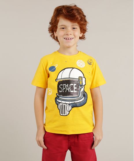 Camiseta-Infantil--Space--Astronauta-com-Paete-Dupla-Face-Manga-Curta-Gola-Careca-Amarela-9265221-Amarelo_1