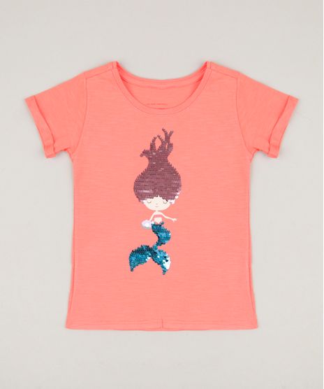 Blusa-Infantil-Sereia-com-Paete-Dupla-Face-Manga-Curta-Decote-Redondo-Coral-9247492-Coral_1