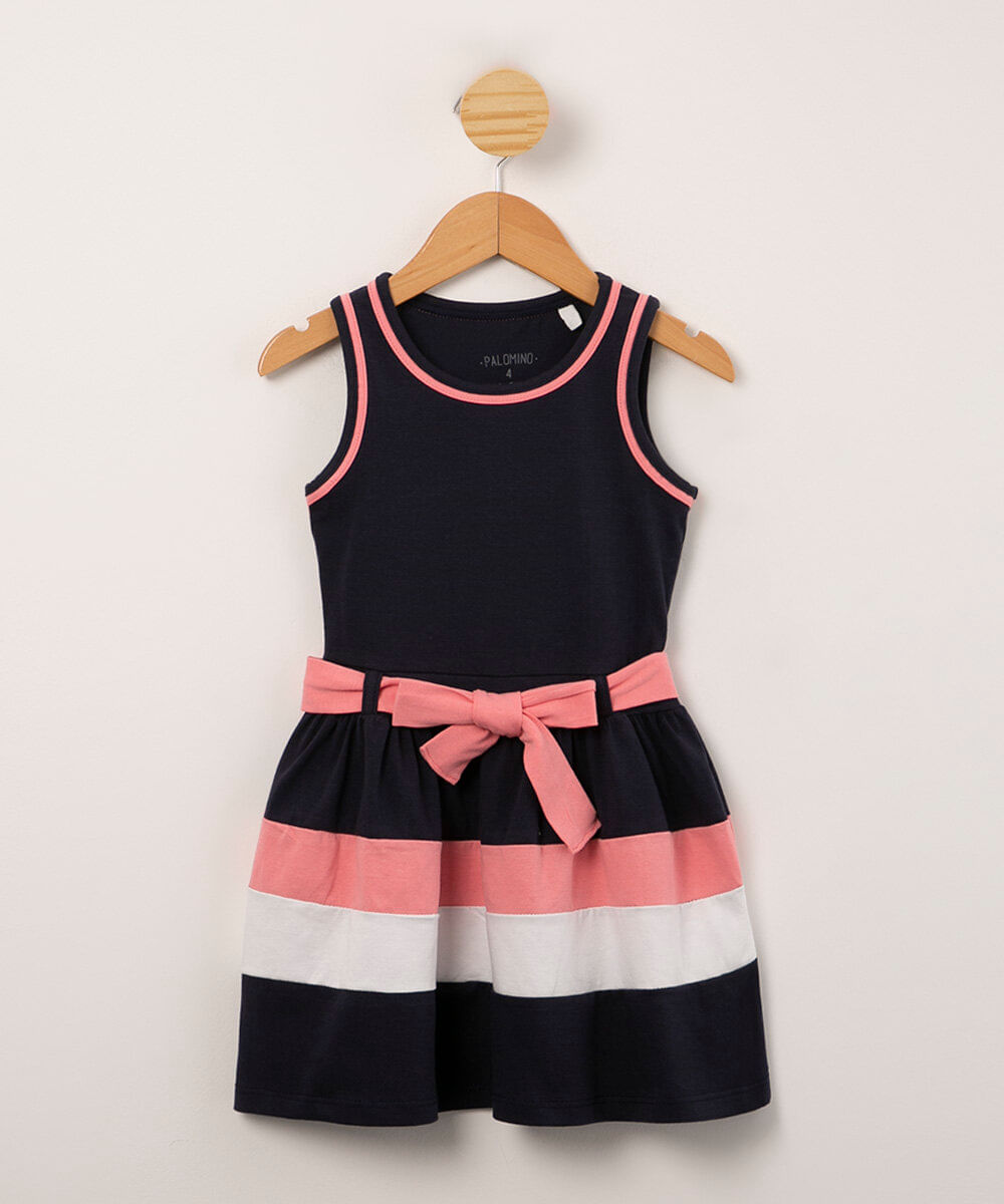 vestido infantil com recortes e faixa para amarrar azul marinho