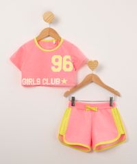 conjunto-infantil-de-blusa-cropped--girls-club--manga-curta---short-running-rosa-neon-1009644-Rosa_Neon_1
