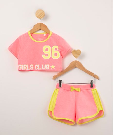 conjunto-infantil-de-blusa-cropped--girls-club--manga-curta---short-running-rosa-neon-1009644-Rosa_Neon_1