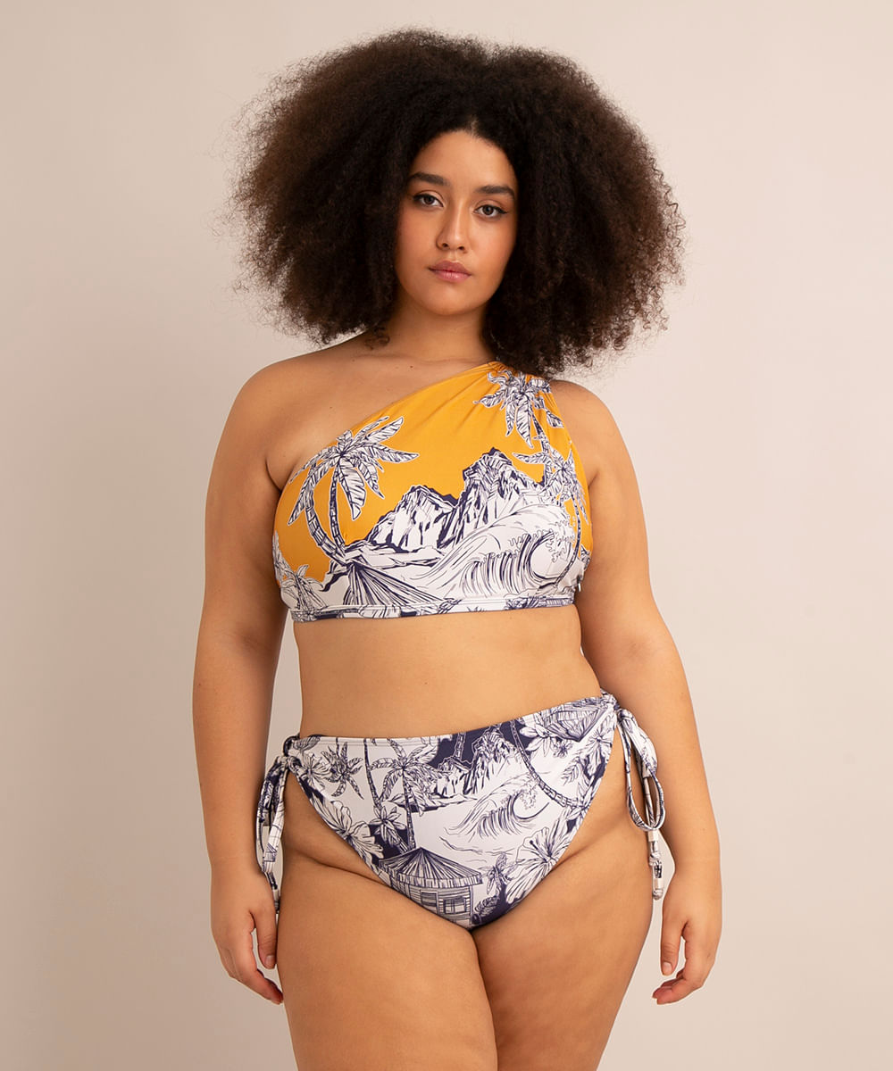 biquíni calcinha hot pant plus size estampado toile de jouy com amarração proteção uv50+ além dos mares noronha manu gavassi off white