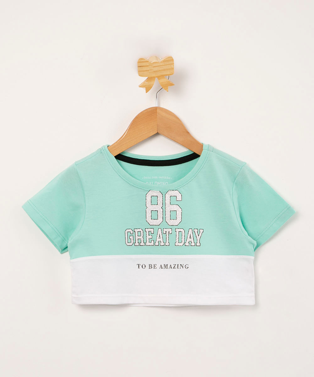 blusa infantil cropped com recorte manga curta verde água