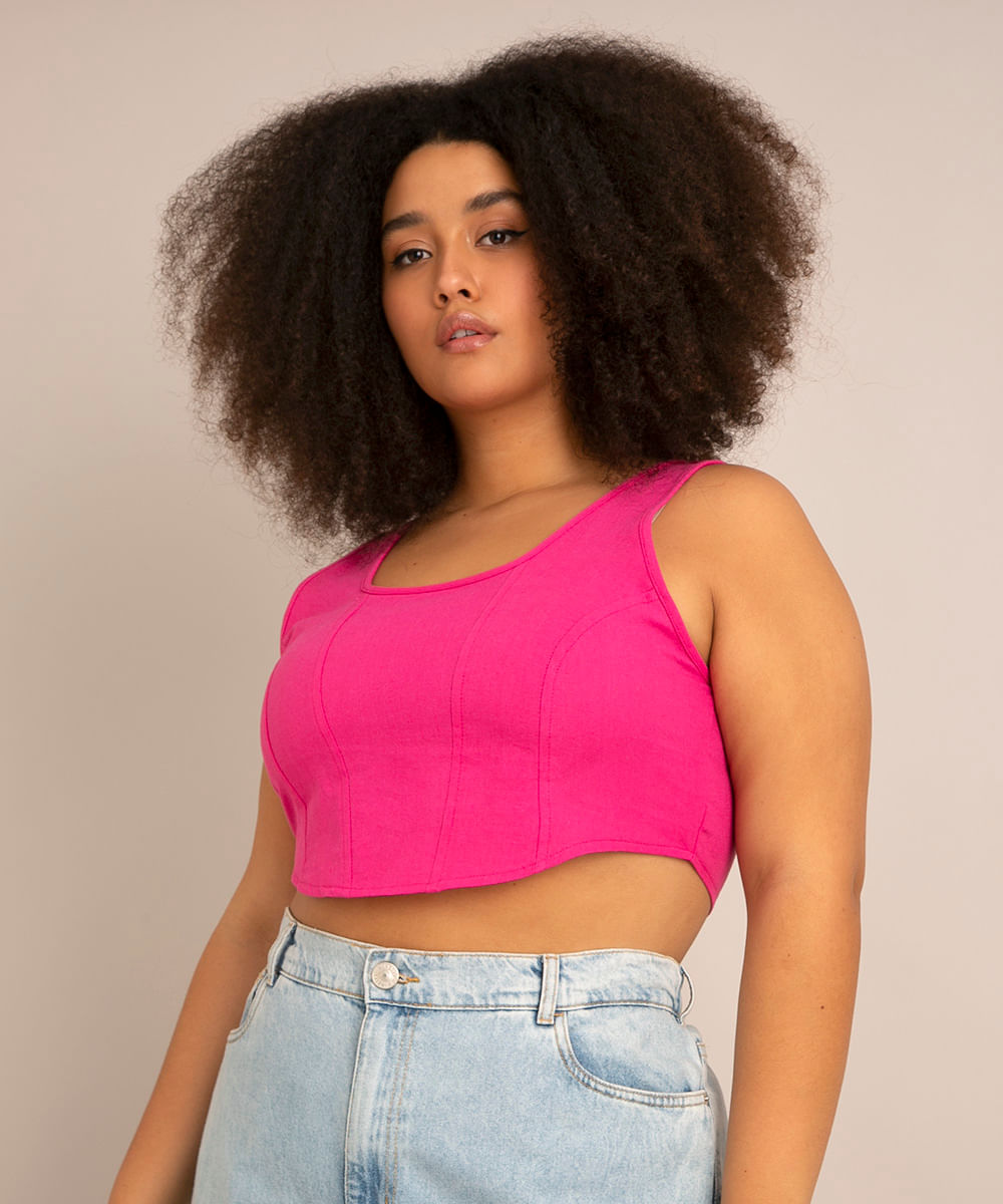 regata cropped corset plus size alça larga decote reto rosa