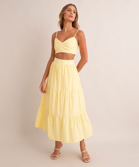 Saia Midi com Recortes e Forro Amarela Saia Midi com Recortes e Forro Amarela