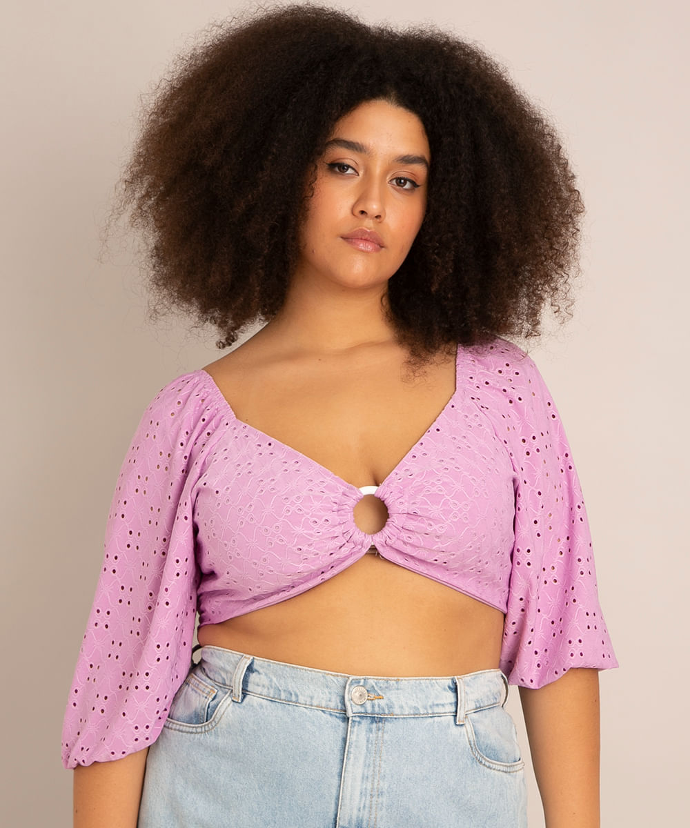 blusa cropped de laise plus size manga bufante com franzido lilás