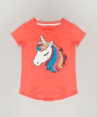 Blusa-Infantil-Unicornio-com-Paete-Dupla-Face-Manga-Curta-Decote-Redondo-em-Algodao---Sustentavel-Coral-9131094-Coral_1