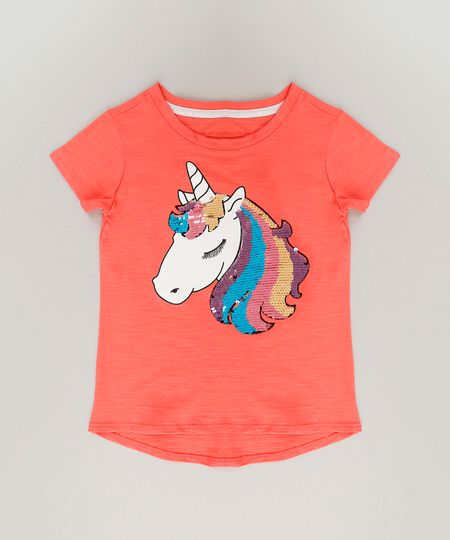 Blusa-Infantil-Unicornio-com-Paete-Dupla-Face-Manga-Curta-Decote-Redondo-em-Algodao---Sustentavel-Coral-9131094-Coral_1