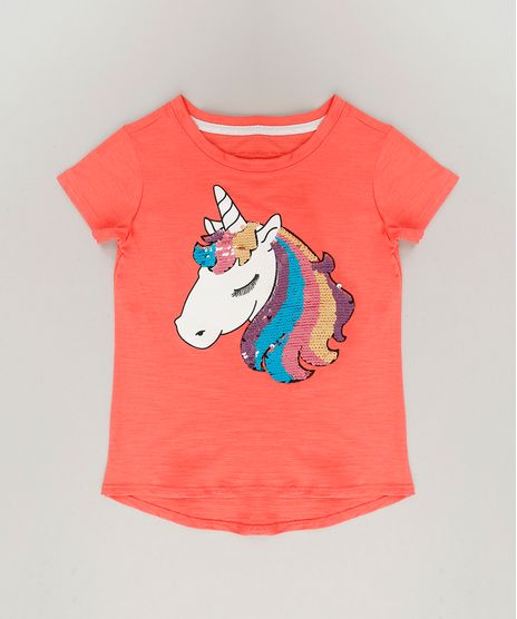 Blusa-Infantil-Unicornio-com-Paete-Dupla-Face-Manga-Curta-Decote-Redondo-em-Algodao---Sustentavel-Coral-9131094-Coral_1
