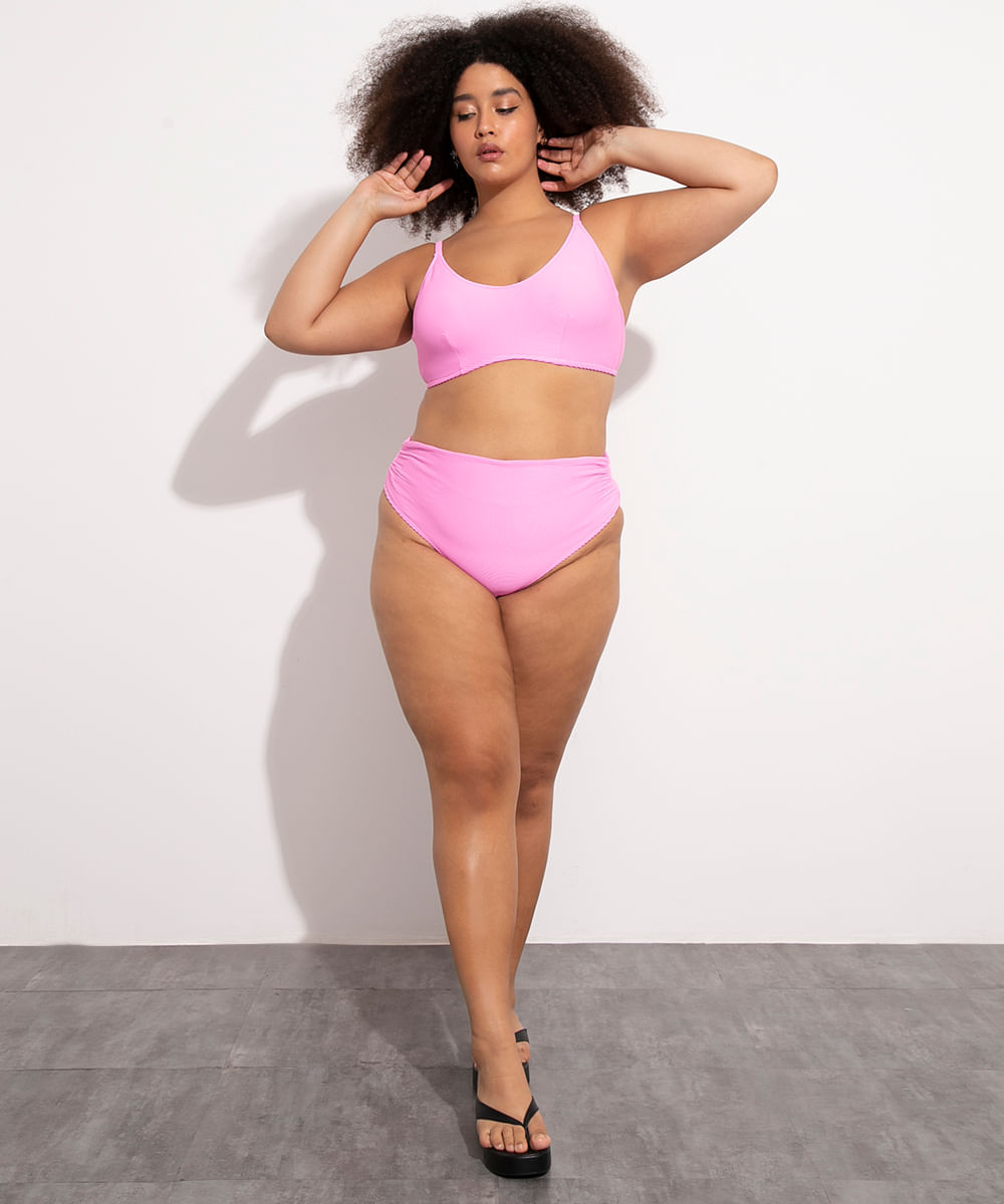 biquíni calcinha plus size hot pant asa delta texturizado com proteção uv50+ mindset rosa