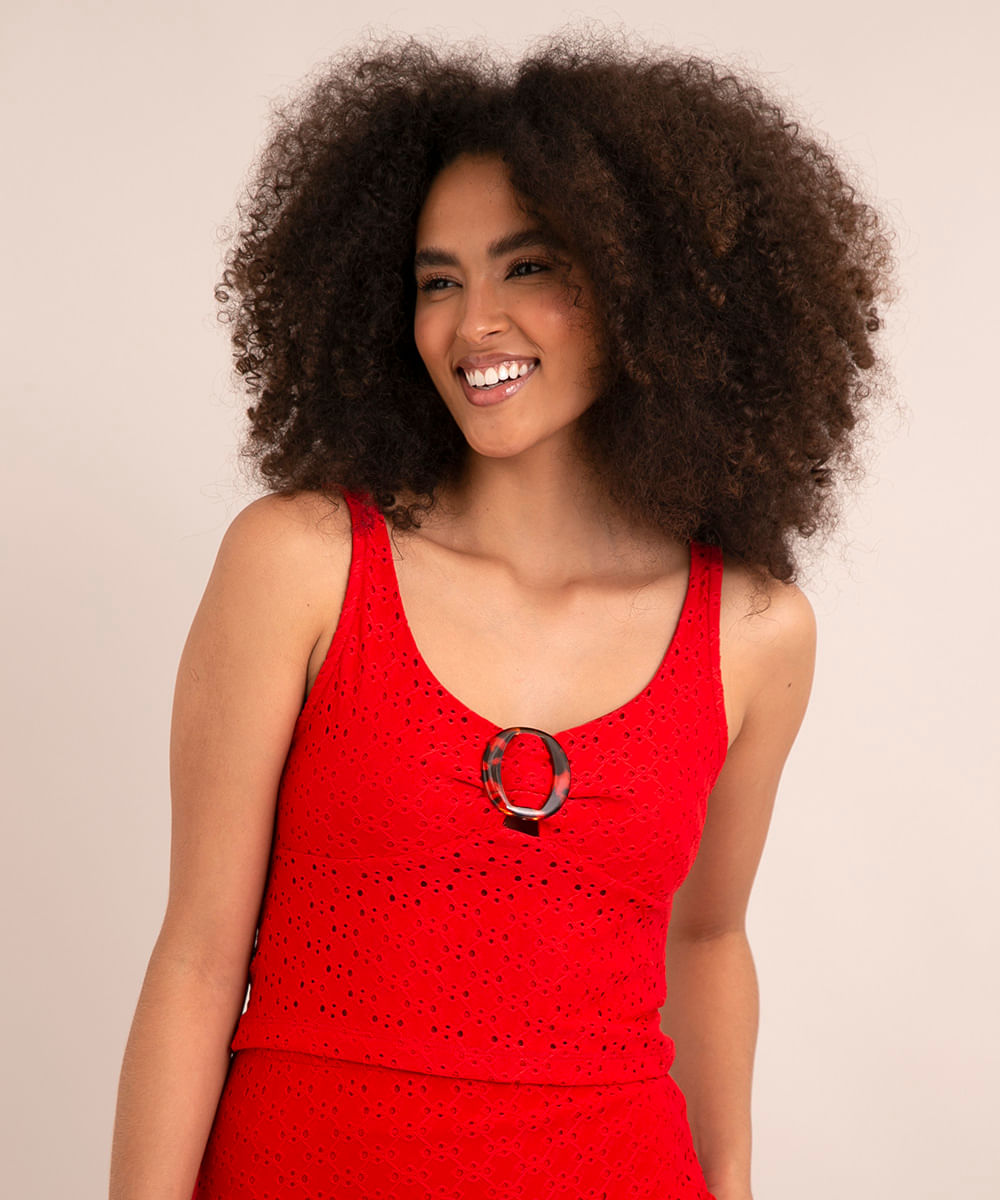 regata de laise com fivela decote redondo vermelha