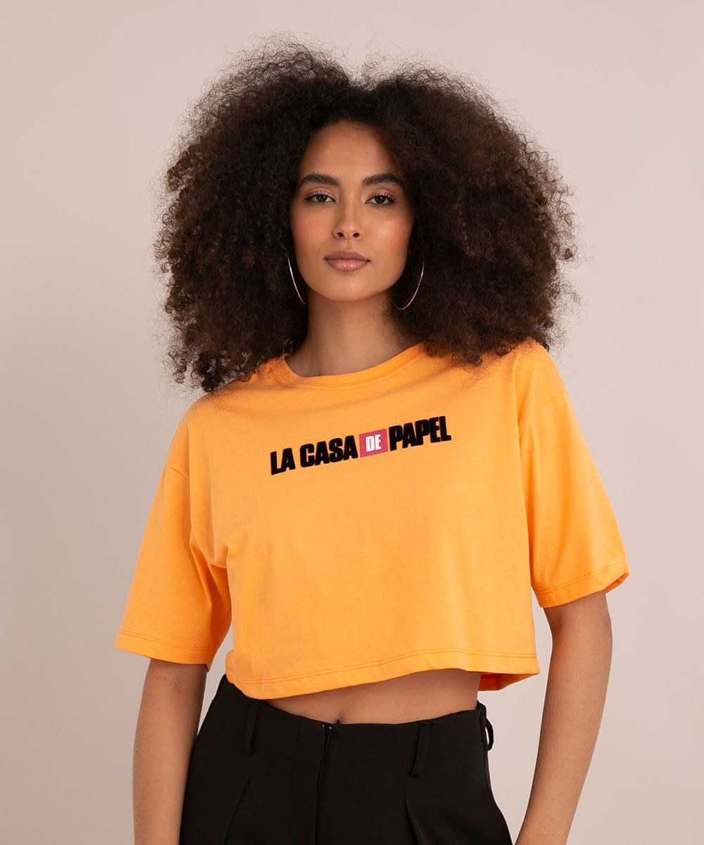 camiseta cropped de algodão la casa de papel manga curta decote redondo laranja