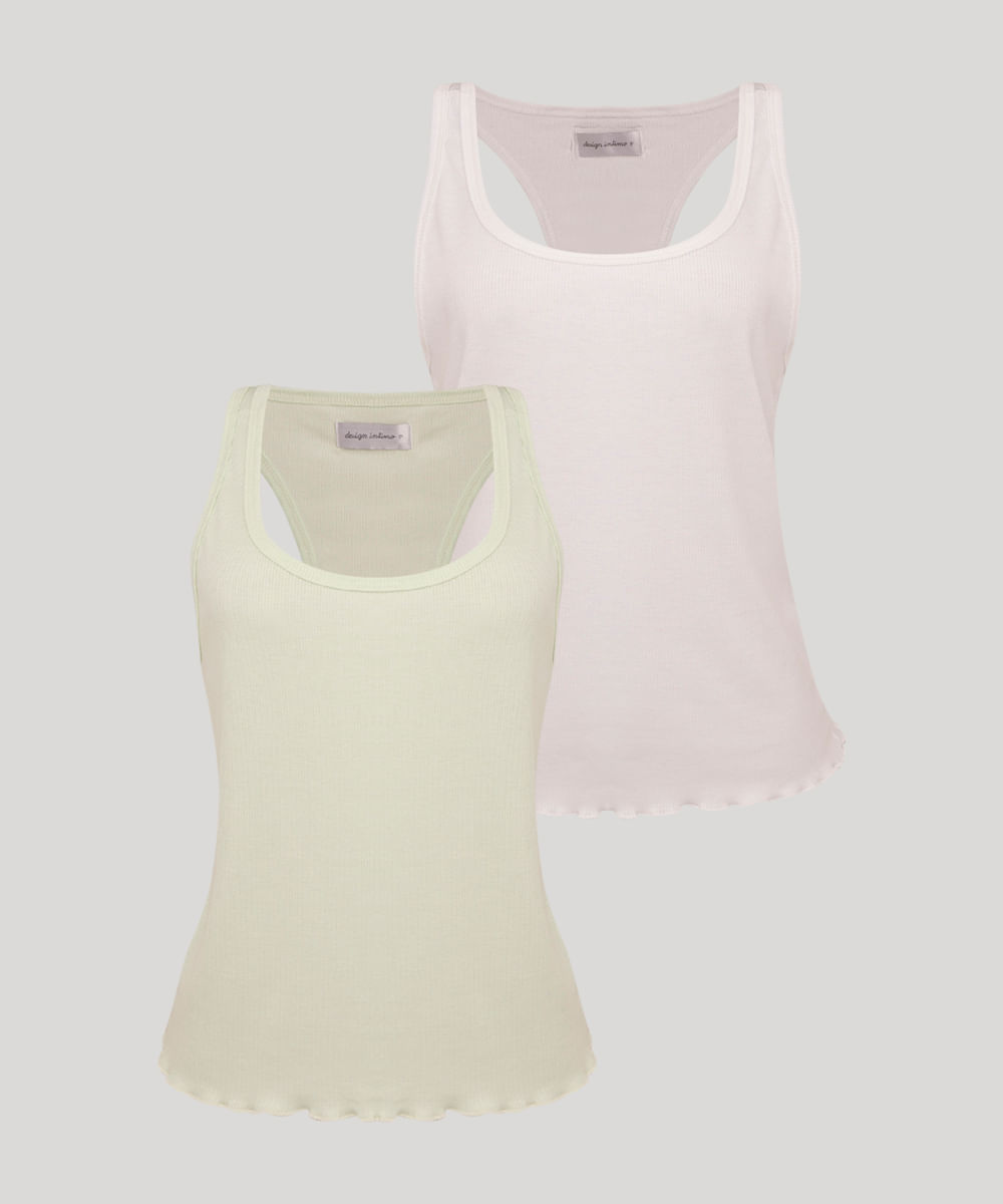 kit de 2 regatas caneladas decote redondo com frufru multicor