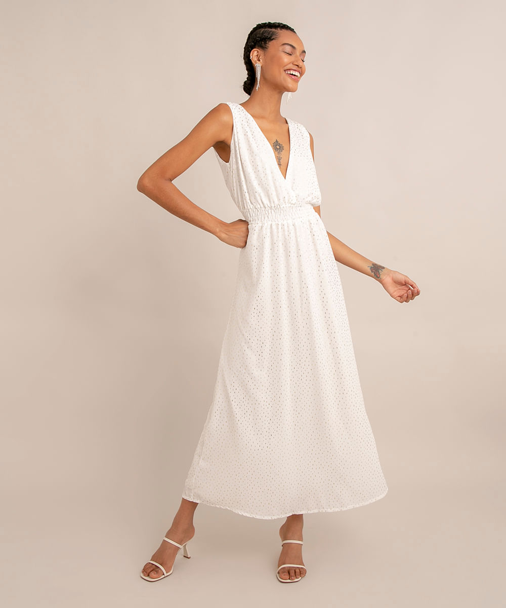 vestido midi alça larga decote v com transpasse estampado poá off white