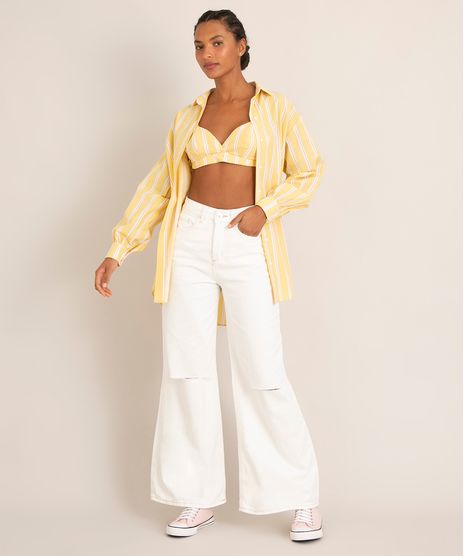 Calça Wide Leg Reta De Sarja Cintura Super Alta Com Rasgos Off White