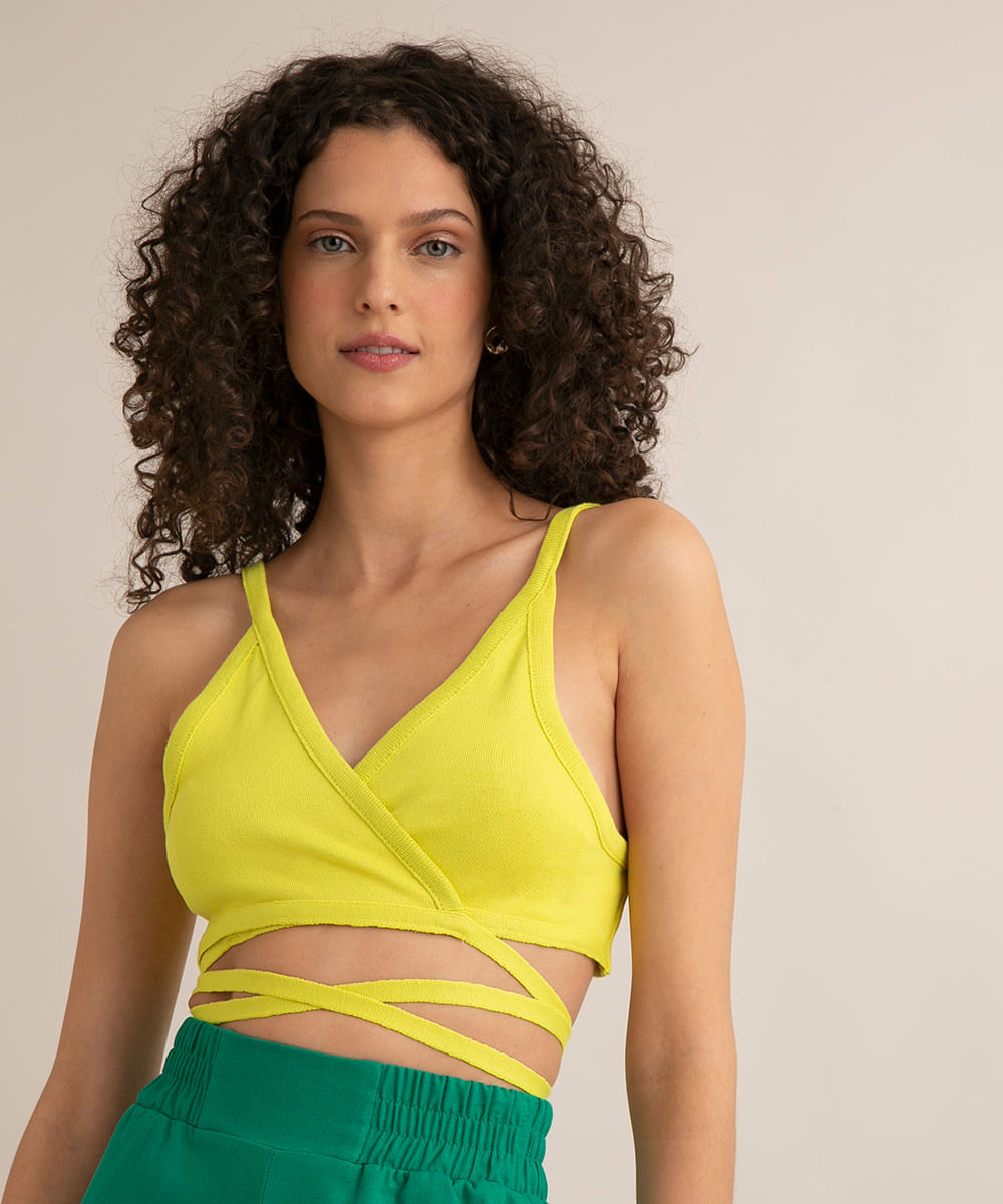 top cropped de tricô alça fina transpassado com amarração verde