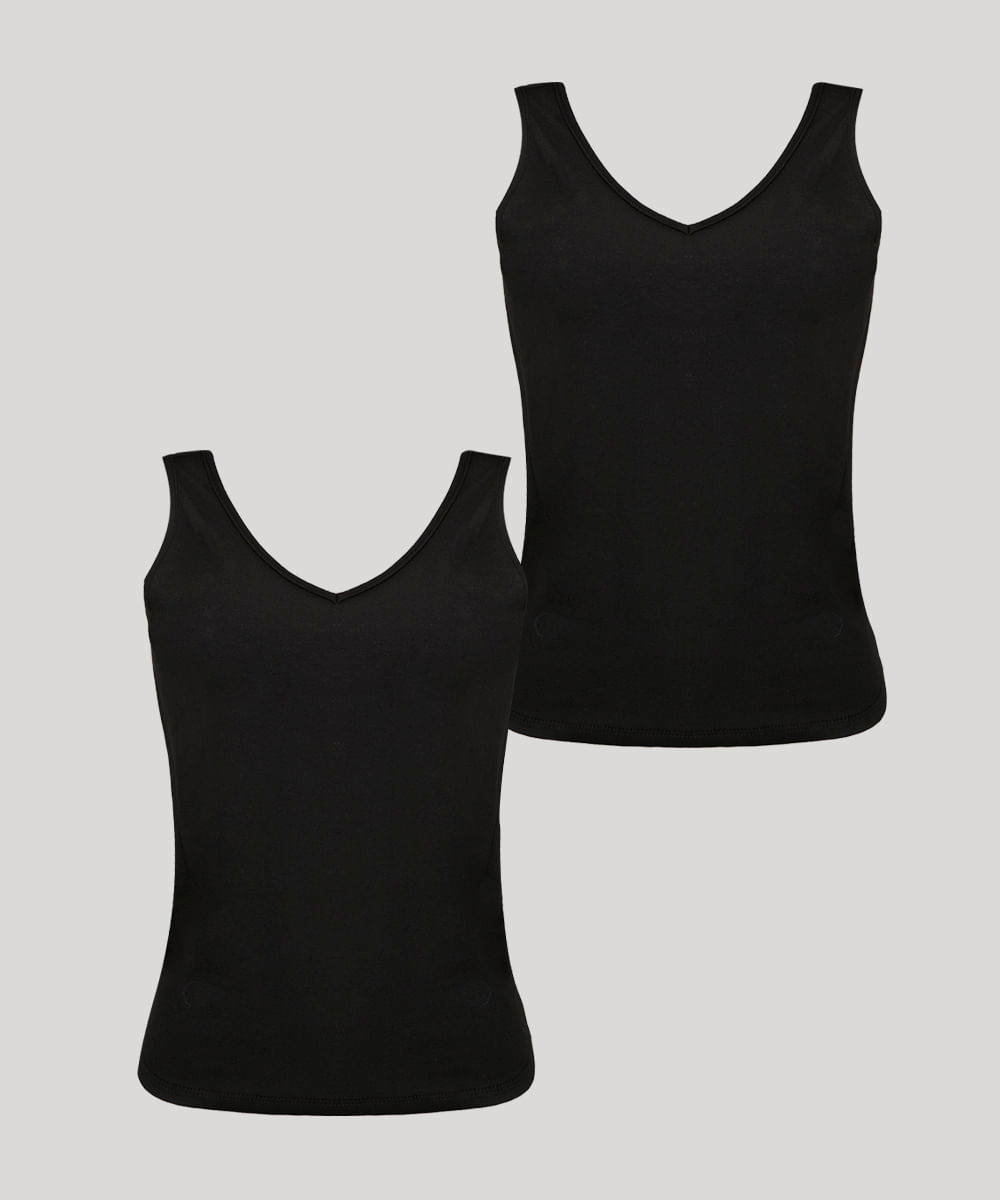 kit de 2 regatas básicas decote v preto