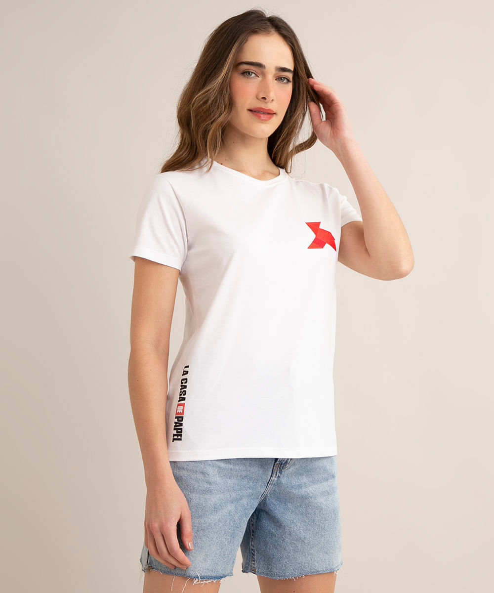 camiseta de algodão la casa de papel com bordado manga curta decote redondo off white