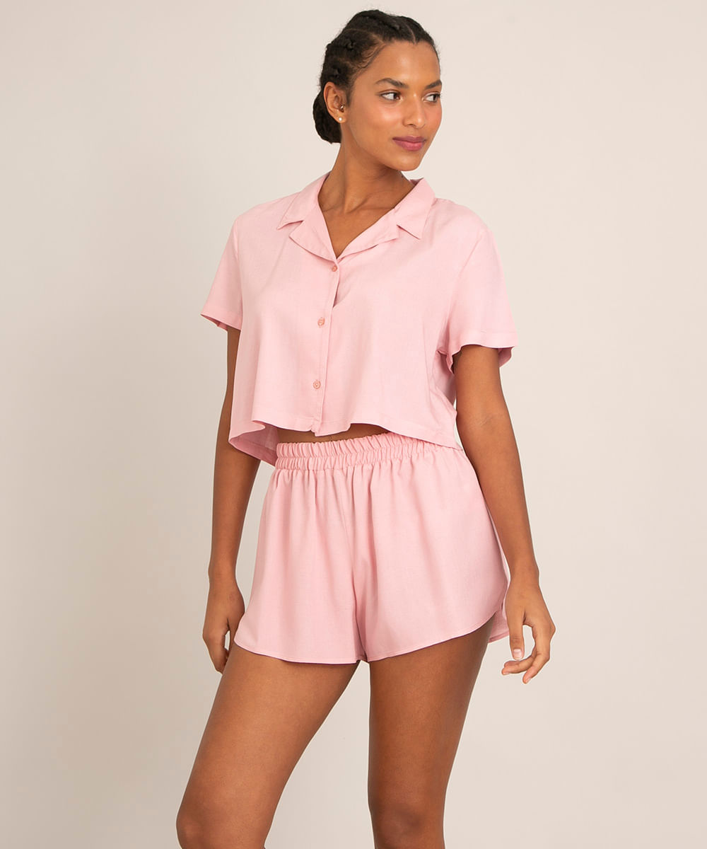 pijama manga curta com linho rosa claro