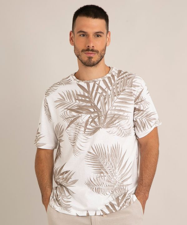 camiseta comfort de algodão estampada folhagem manga curta gola careca branca G