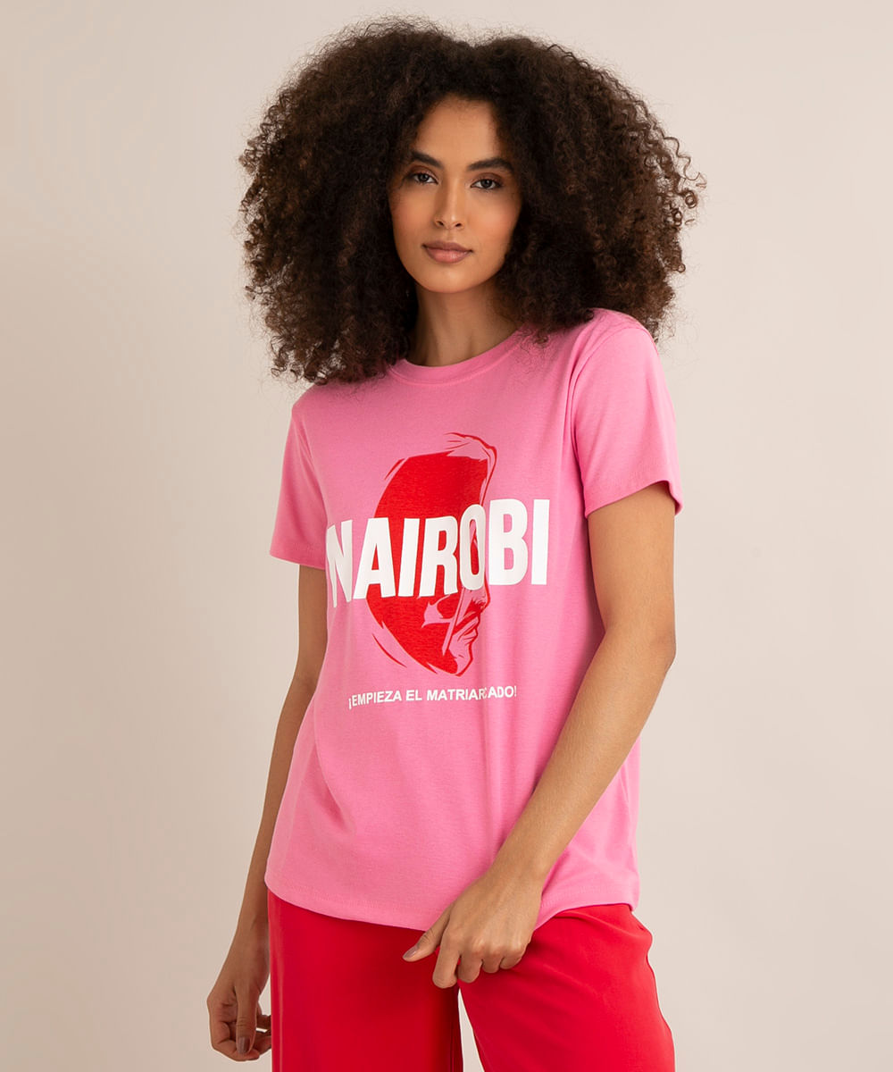 camiseta nairobi la casa de papel manga curta decote redondo rosa