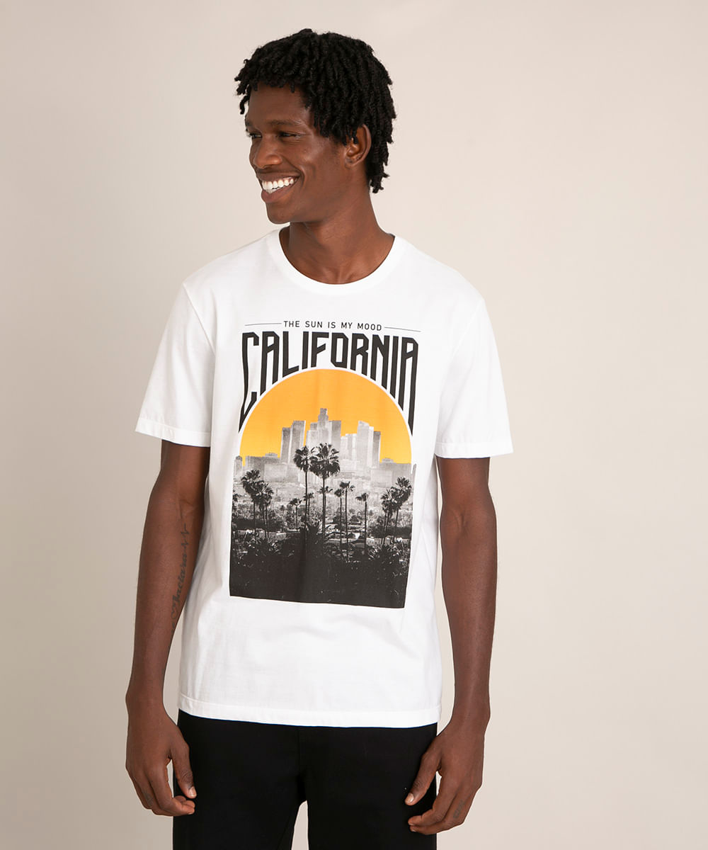 camiseta de algodão california manga curta gola careca branca