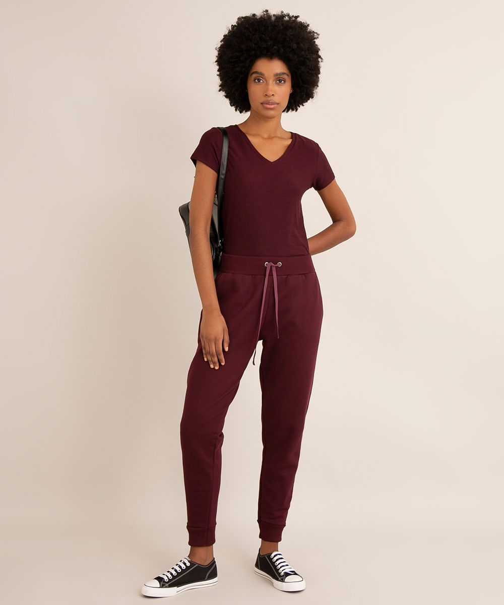 Calça Jogger de Moletom Felpado Básica com Bolsos Cintura Alta Vinho