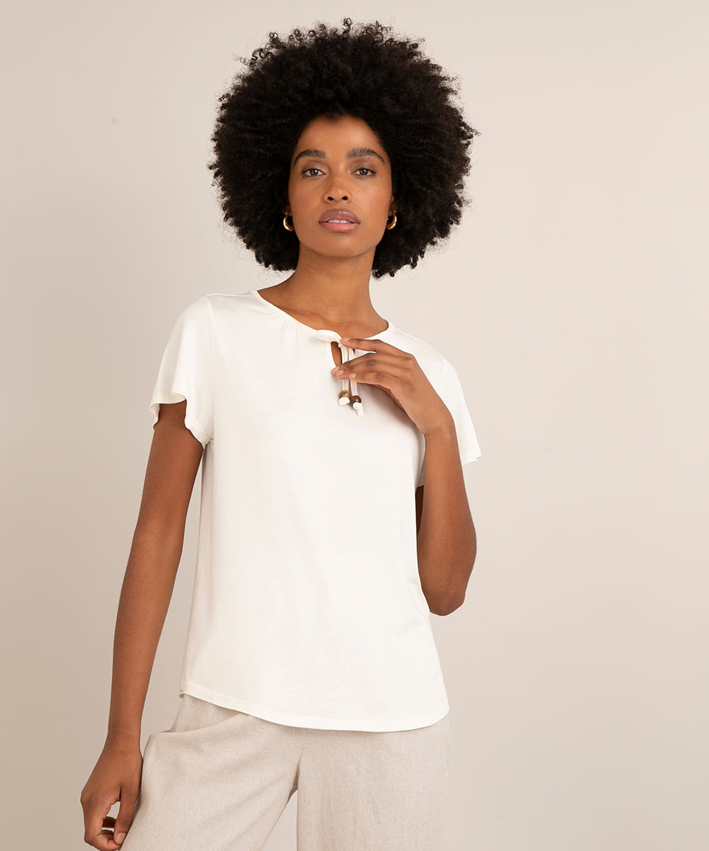 blusa com amarração manga curta decote redondo off white