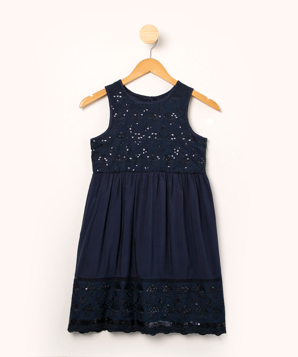 vestido infantil regata de laise com paetê azul marinho