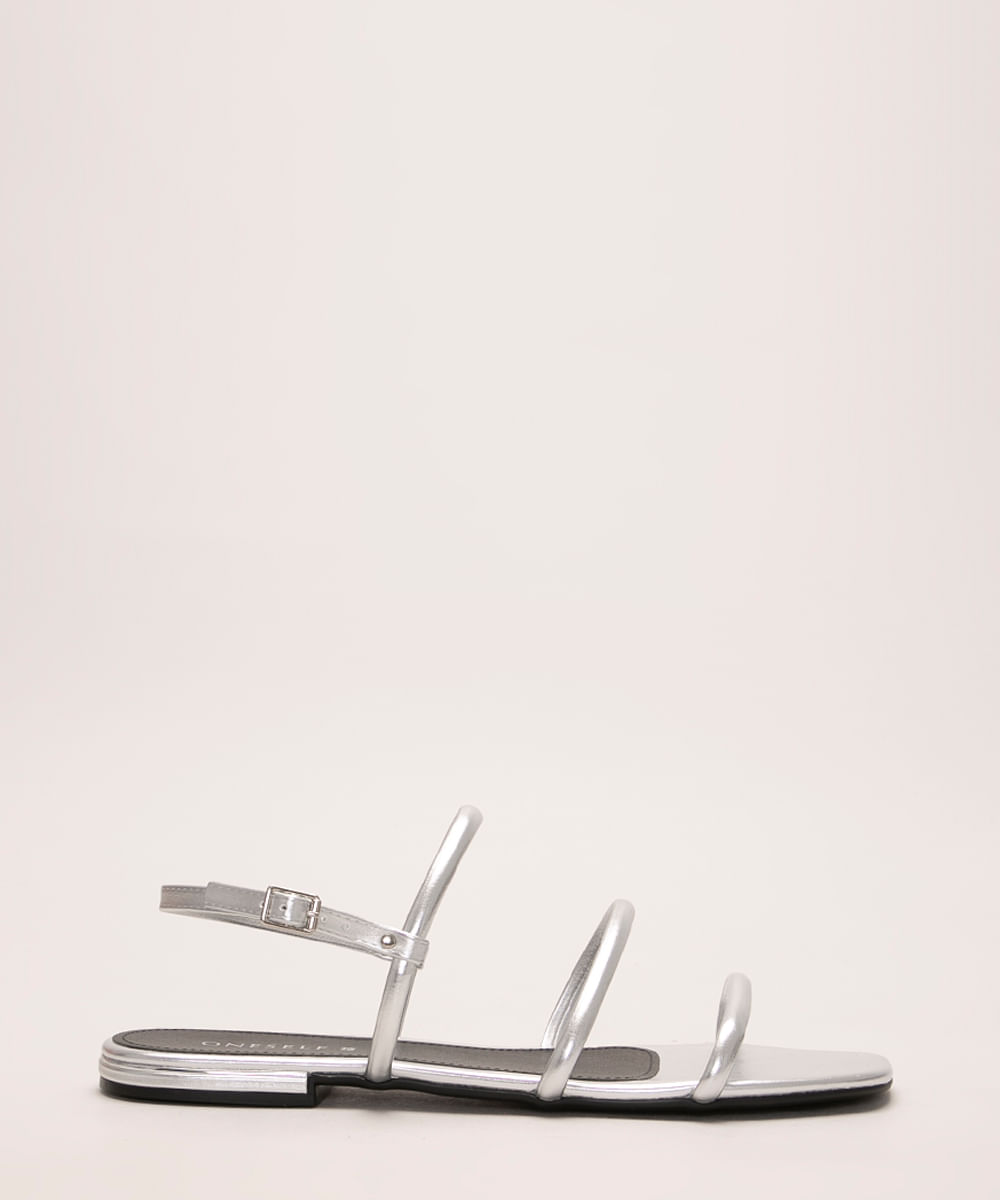 sandália rasteira bico quadrado oneself prateada