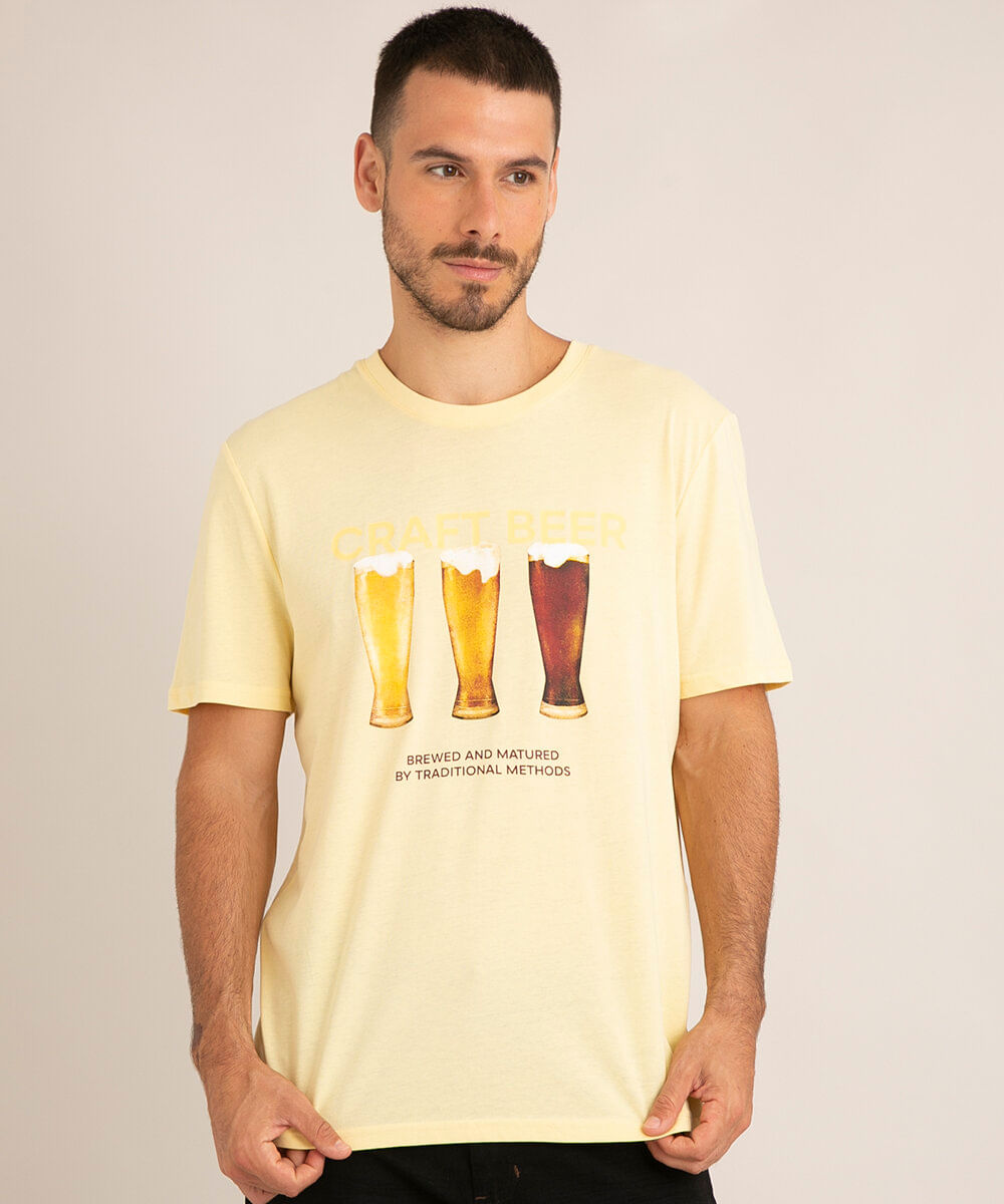 camiseta comfort de algodão "craft beer" manga curta gola careca amarela