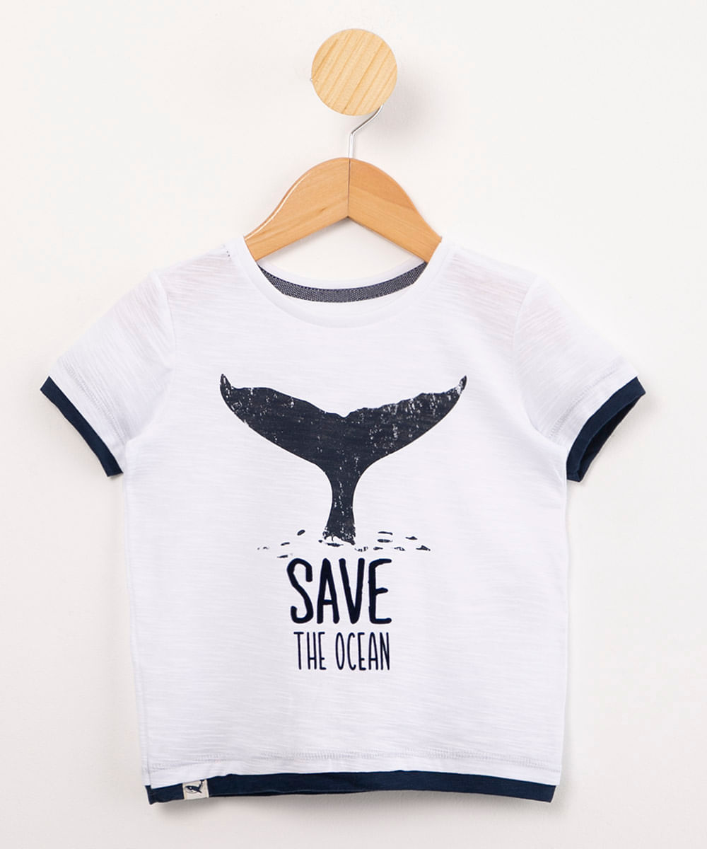 camiseta de algodão "save the ocean" flocada manga curta off white