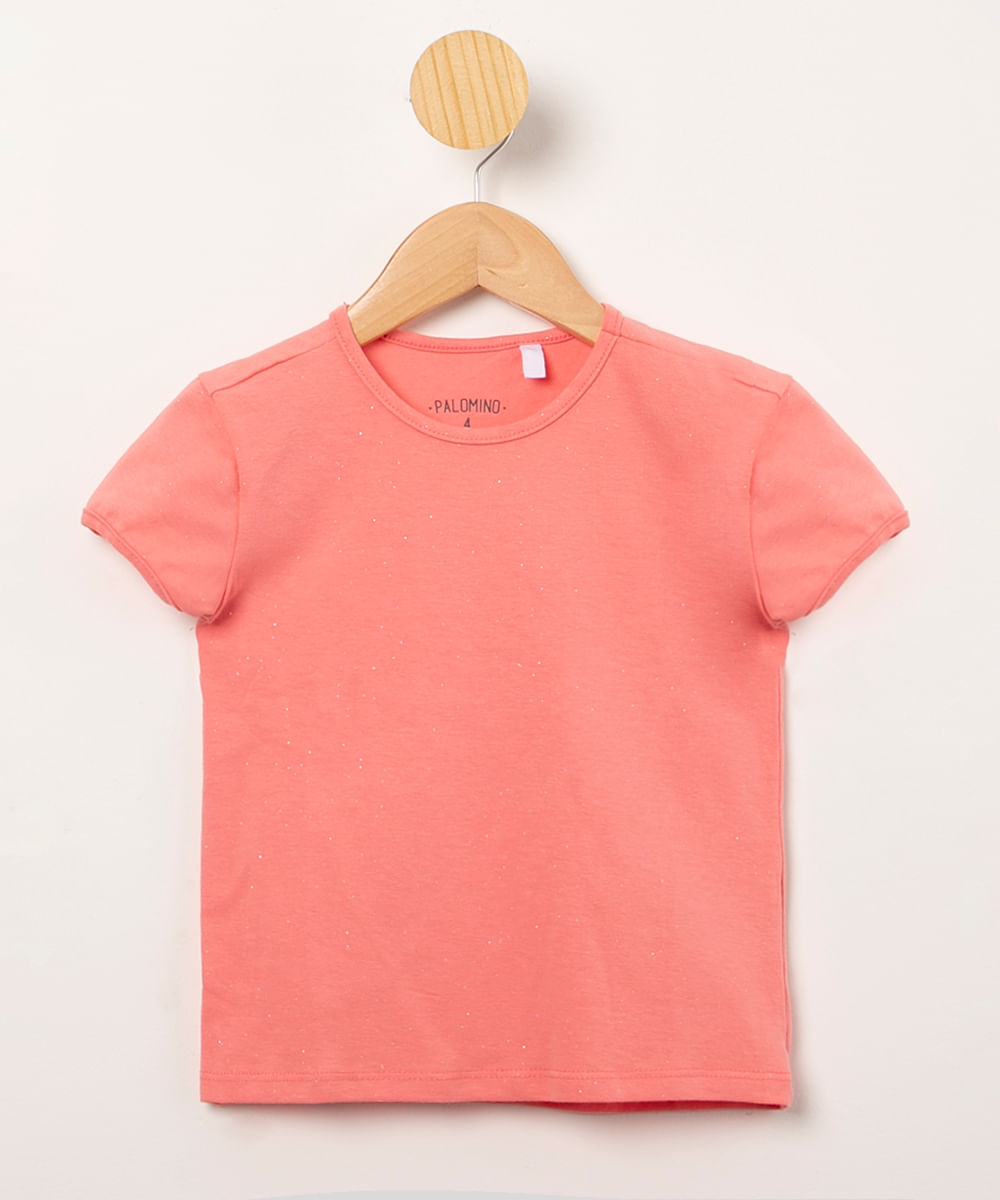 Blusa Infantil Básicos com Glitter Manga Curta Rosa