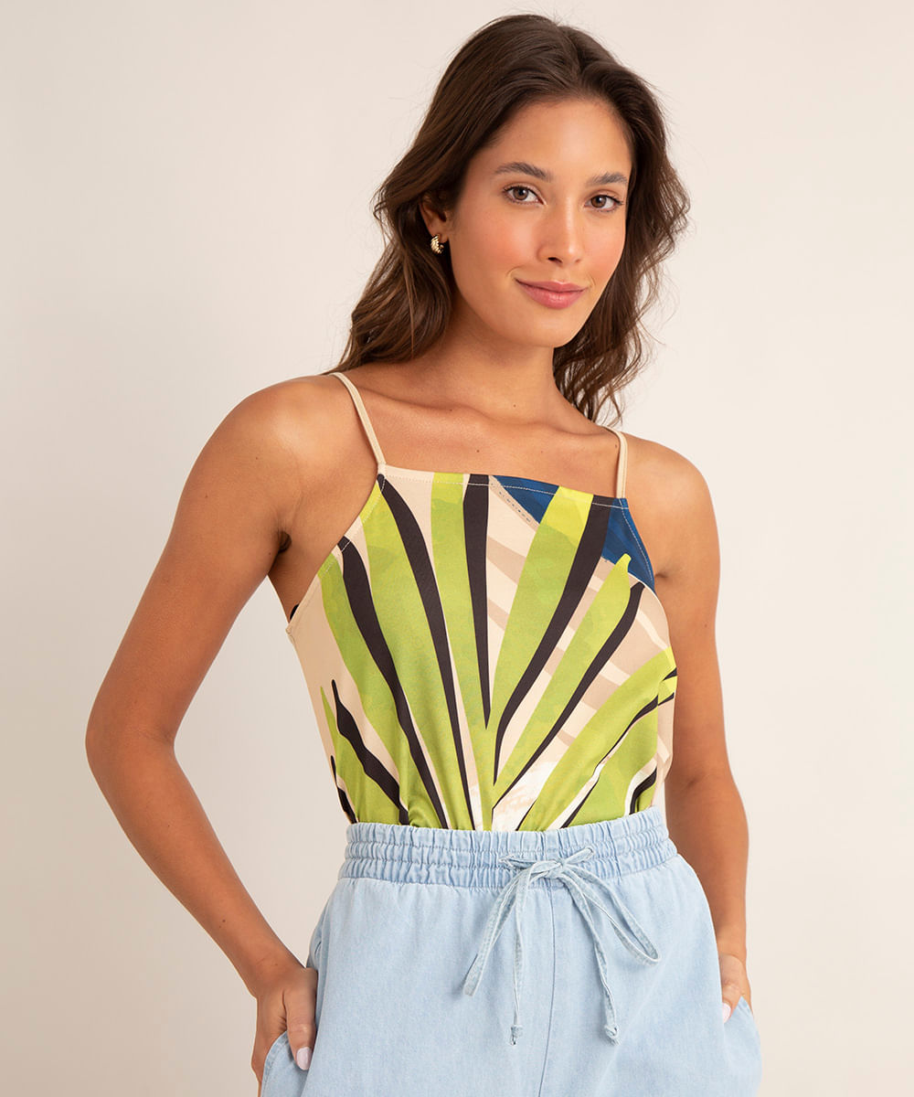 blusa halter neck estampa folhagem bege