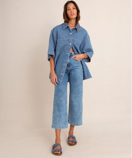 Calça Wide Leg Jeans Cropped Sawary Cintura Alta  Azul Médio