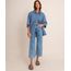Calça Wide Leg Jeans Cropped Sawary Cintura Alta  Azul Médio