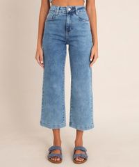 Calça Wide Leg Jeans Cropped Sawary Cintura Alta  Azul Médio frente
